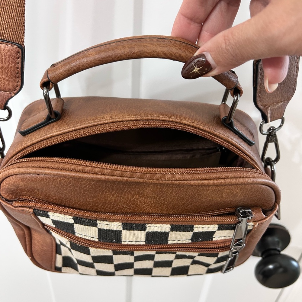 Brown Checkered Women's Crossbody Bag - Picture 2 of 10